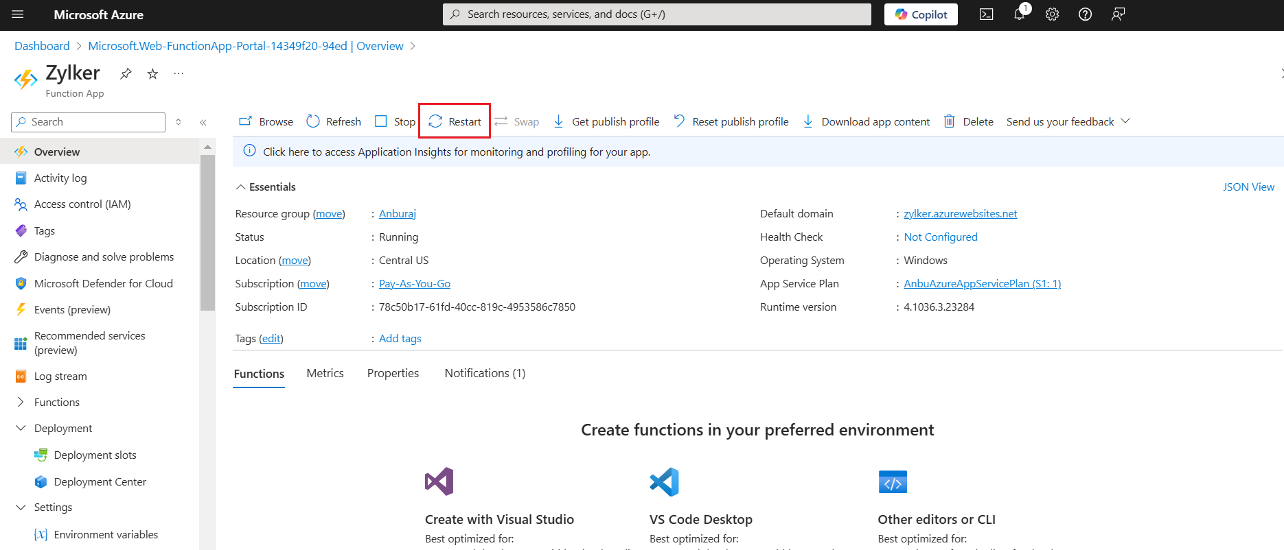 Restart the Azure function app