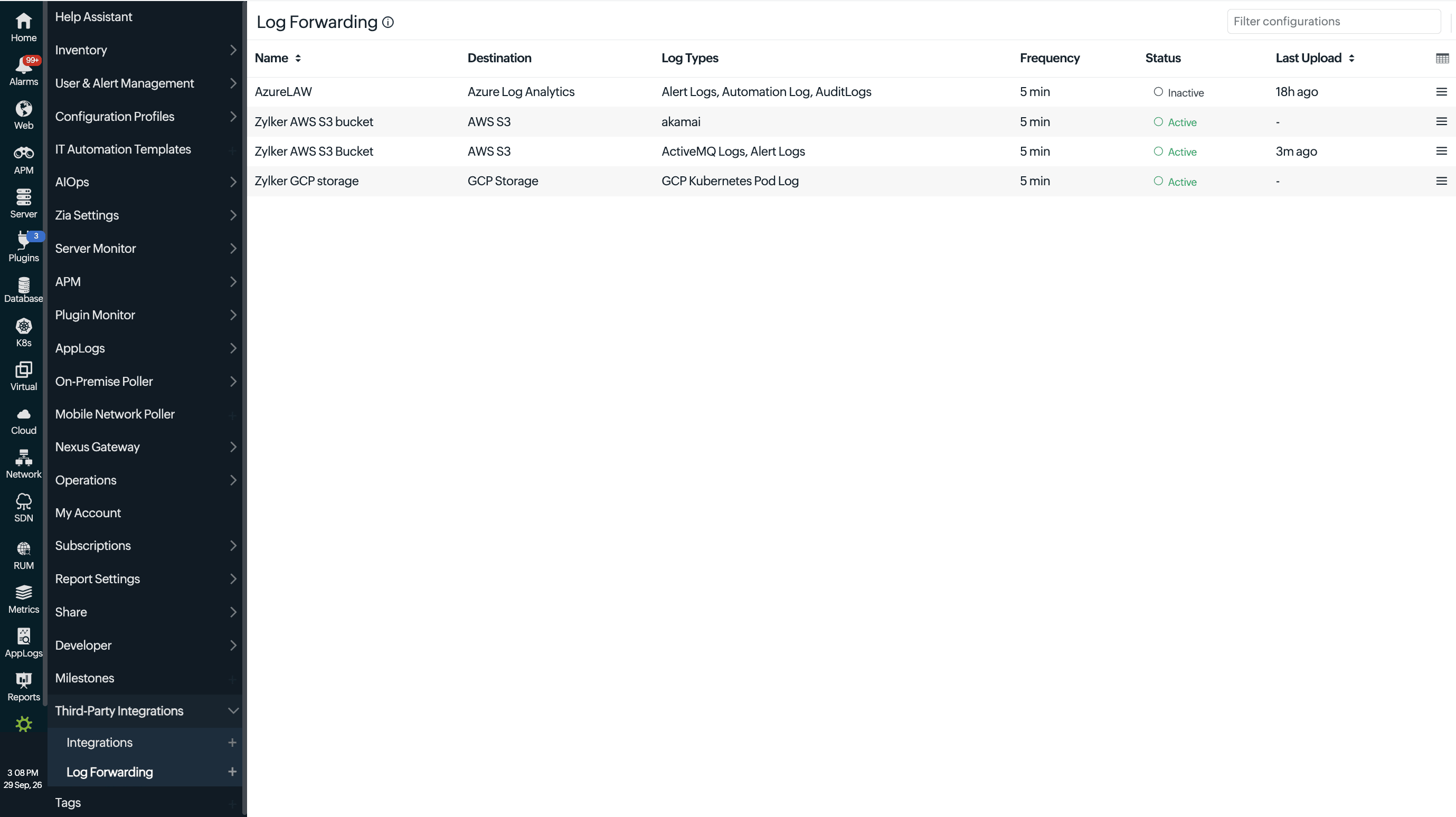 AWS S3 log forwarding configurations Log forwarding configurations listing page