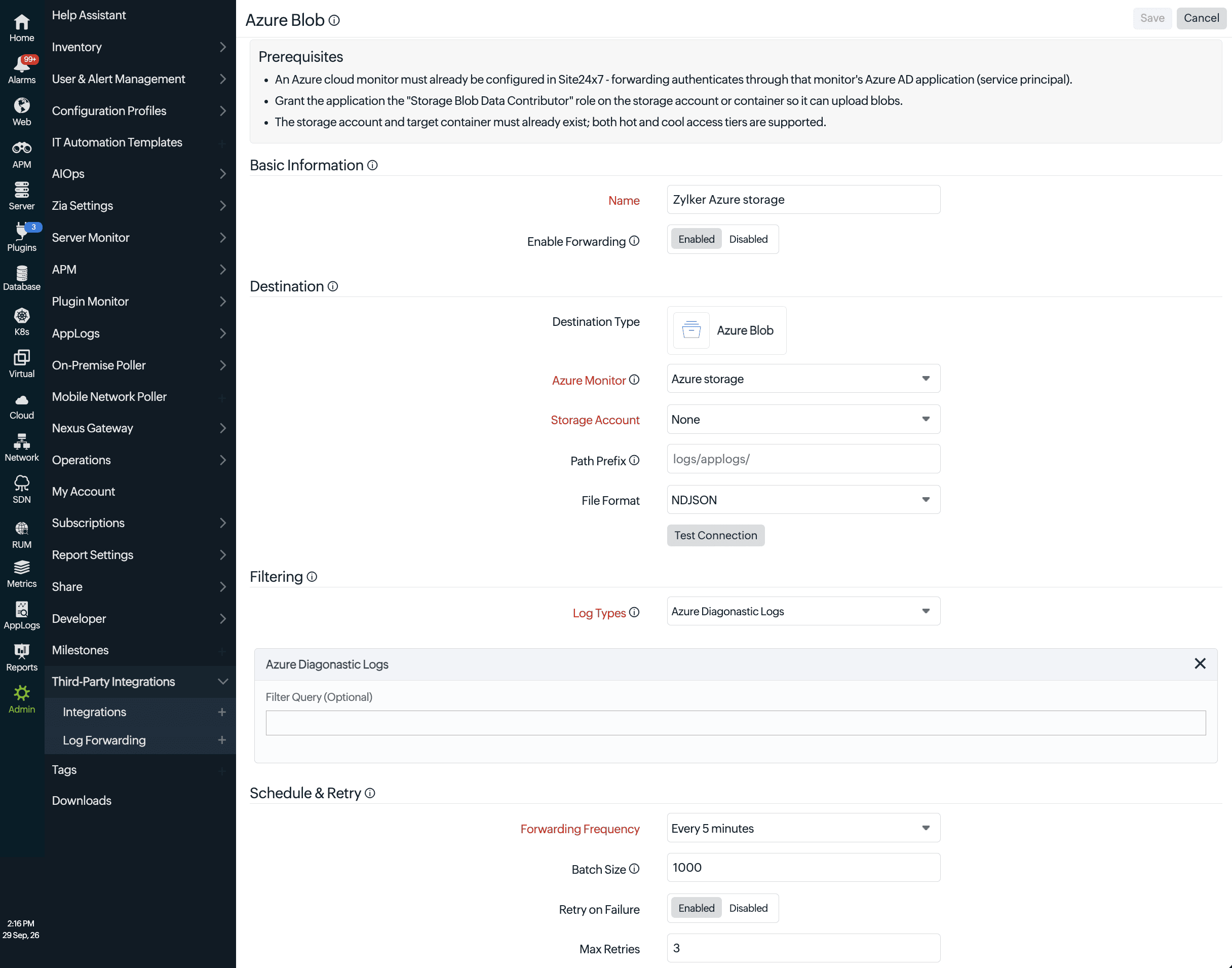 Azure Blob log forwarding configuration