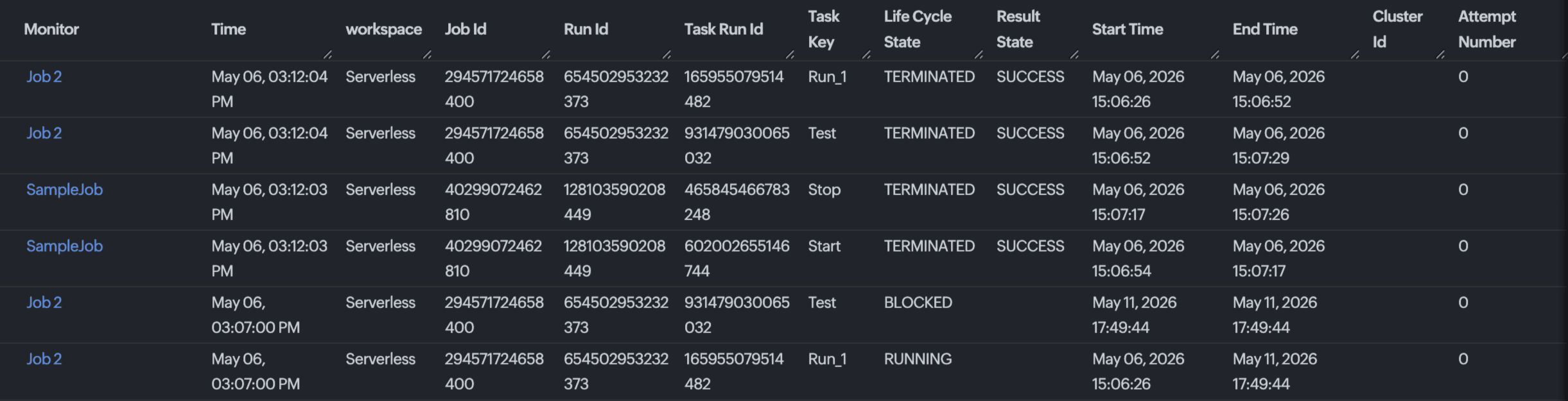 Databricks tasks run details