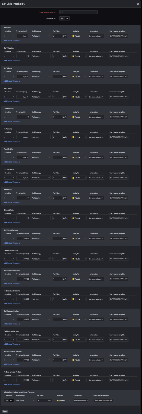 Network interface threshold settings