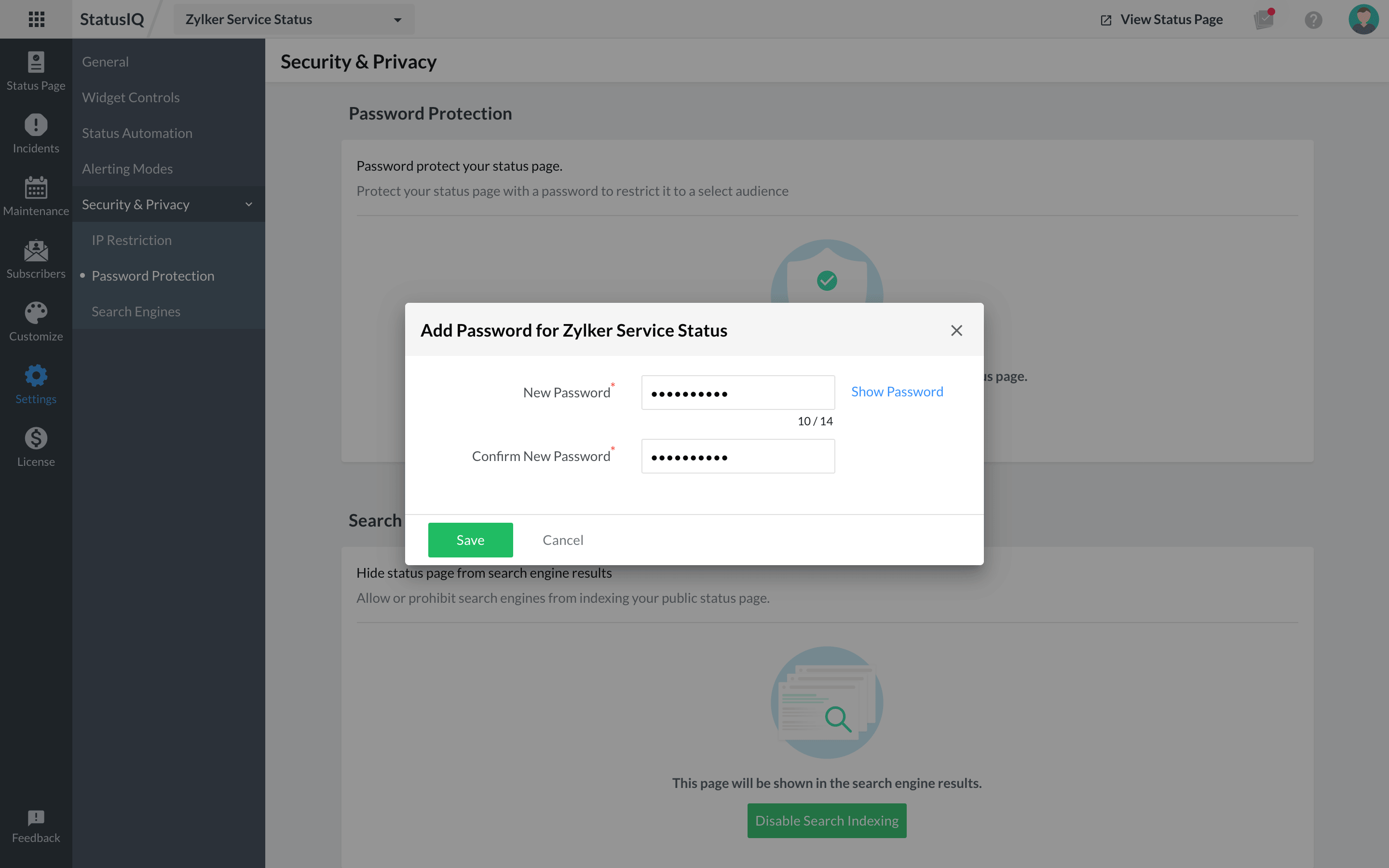 Protect your status page using a password