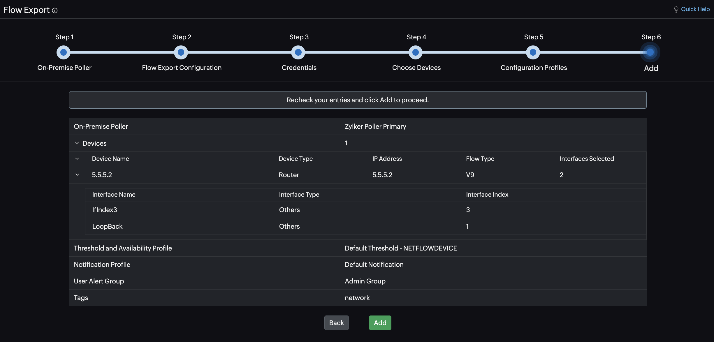 Verify your entries and export flows for monitoring