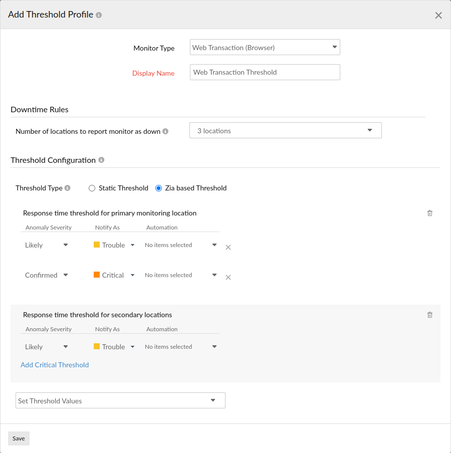 onfigure threshold settings for a web transaction monitor