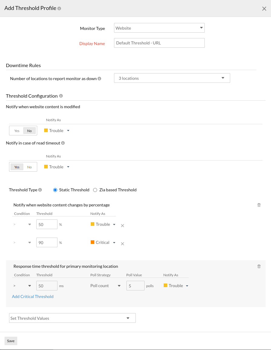 Configure website related settings for a website monitor